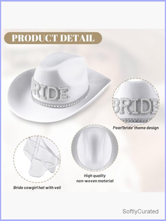 Cowboy Hat with Veil Bridal Shower Bachelorette Party Bride Pearl Rhinestones main image 2